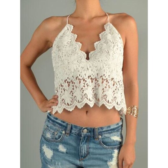 essue Tops - White BOHO Hippie Floral Lace Crop Beach Cruise Festival MED Halter Top NWT